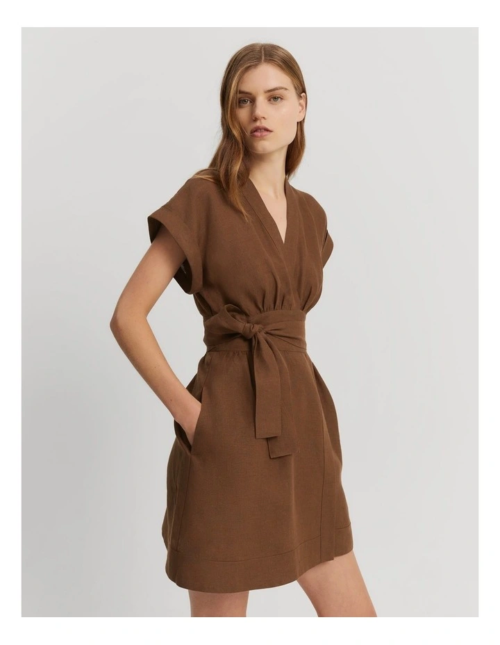 Cotton Linen Wrap Mini Dress in Walnut image 1