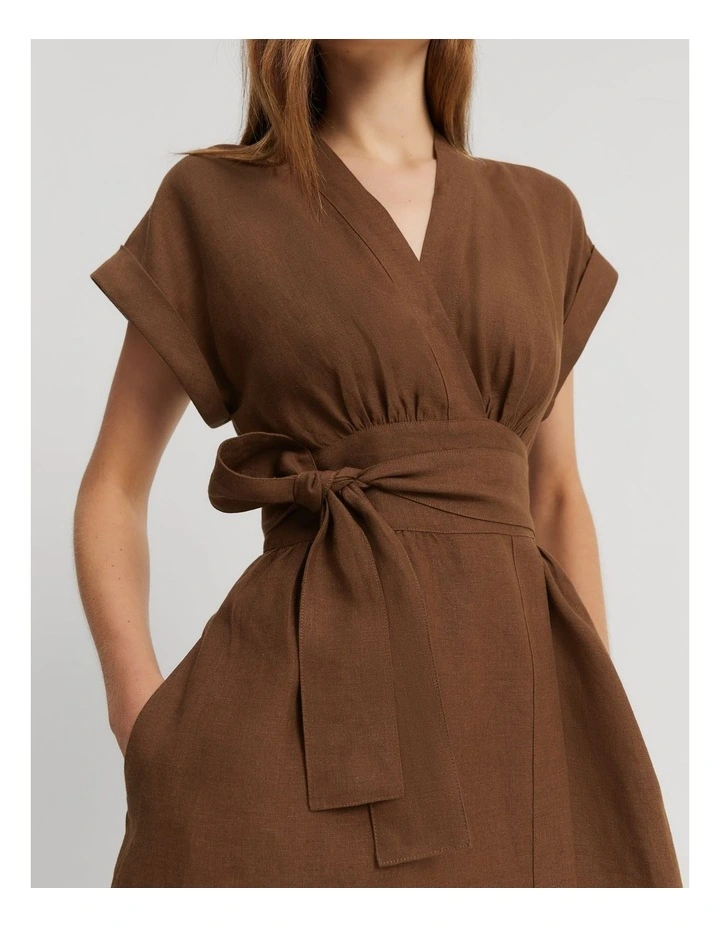 Cotton Linen Wrap Mini Dress in Walnut image 2