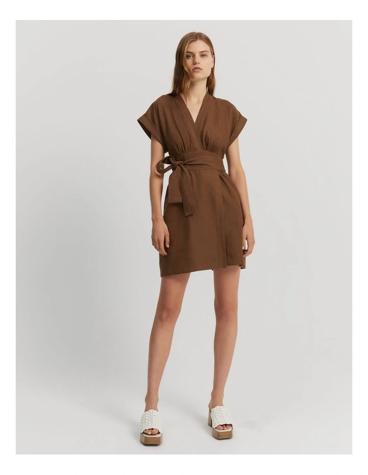 Cotton Linen Wrap Mini Dress in Walnut image 3