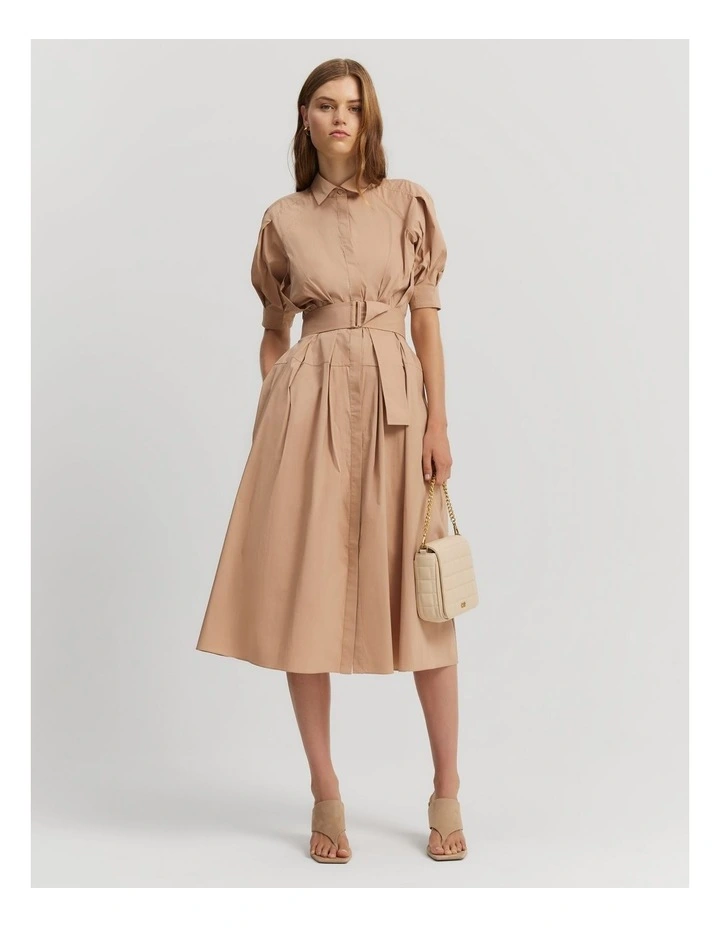 Tuck Detail Midi Shirt Dress in Nougat image 1
