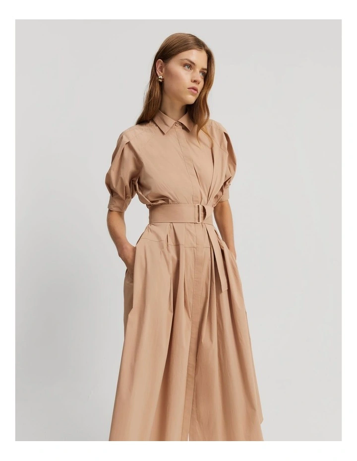 Tuck Detail Midi Shirt Dress in Nougat image 3