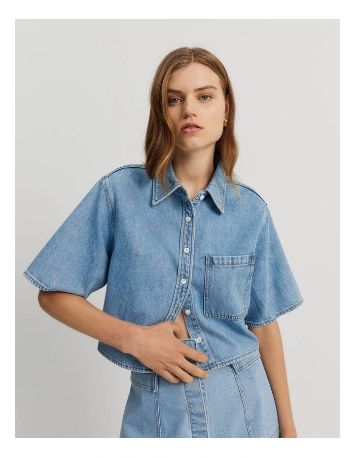 Cotton Blend Denim Short Sleeve Denim Shirt in Aged Soft Wash image 1