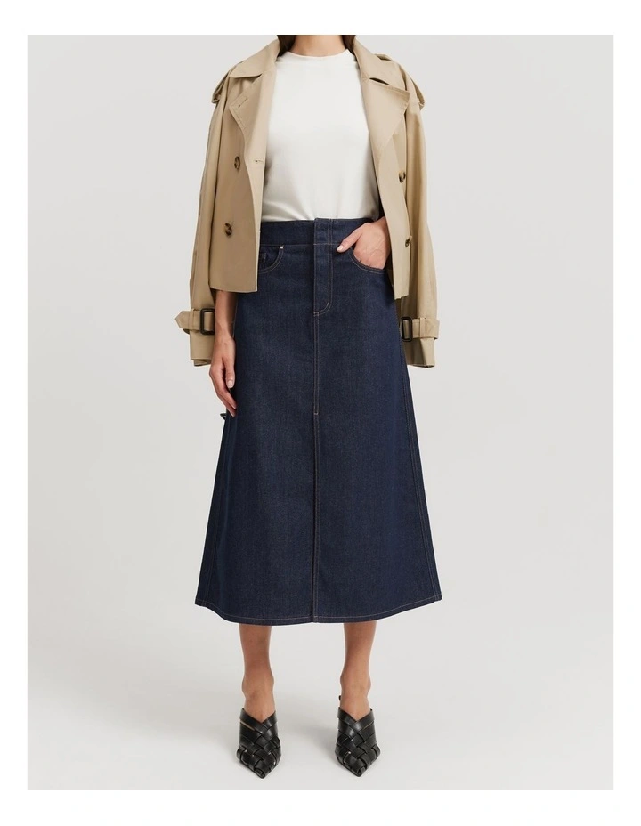 A-line Denim Midi Skirt in Raw Denim image 1