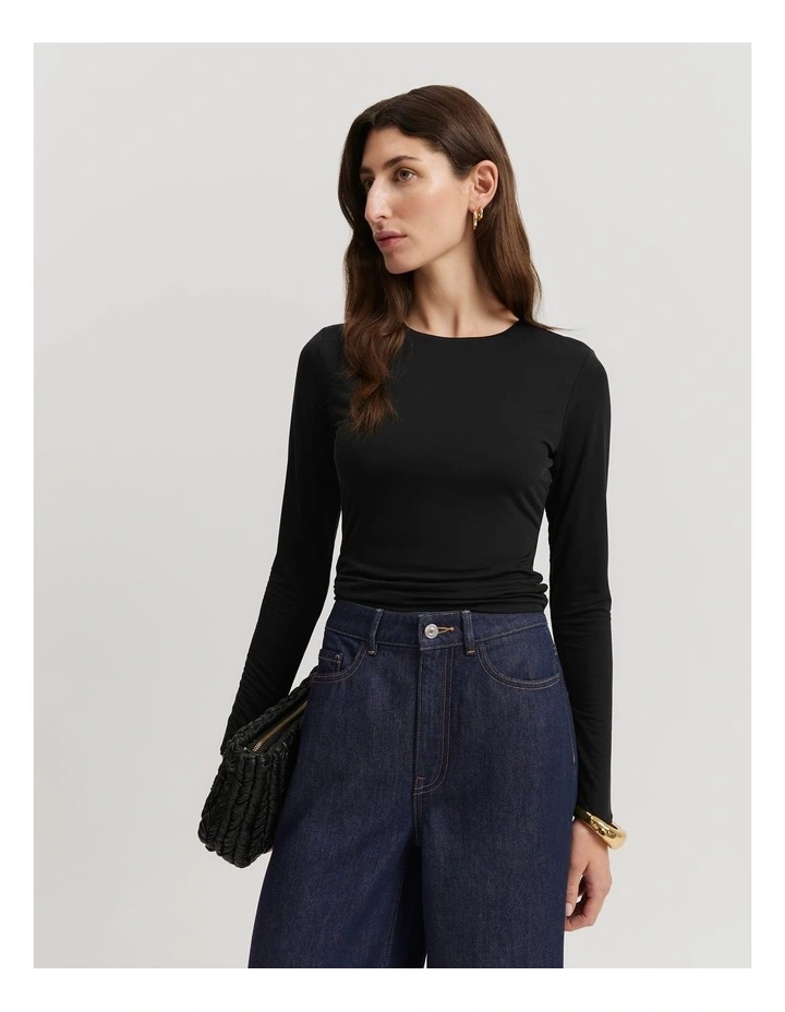 Cupro Jersey Crop Long Sleeve Top in Black image 2