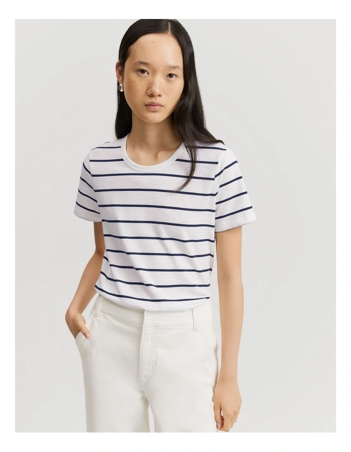 Cotton Stripe Short Sleeve Cotton Slub T-Shirt in Navy Stripe image 3