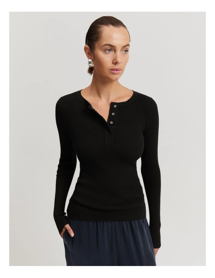 Organically Grown Cotton Cashmere Rib Knit Henley in Black image 1