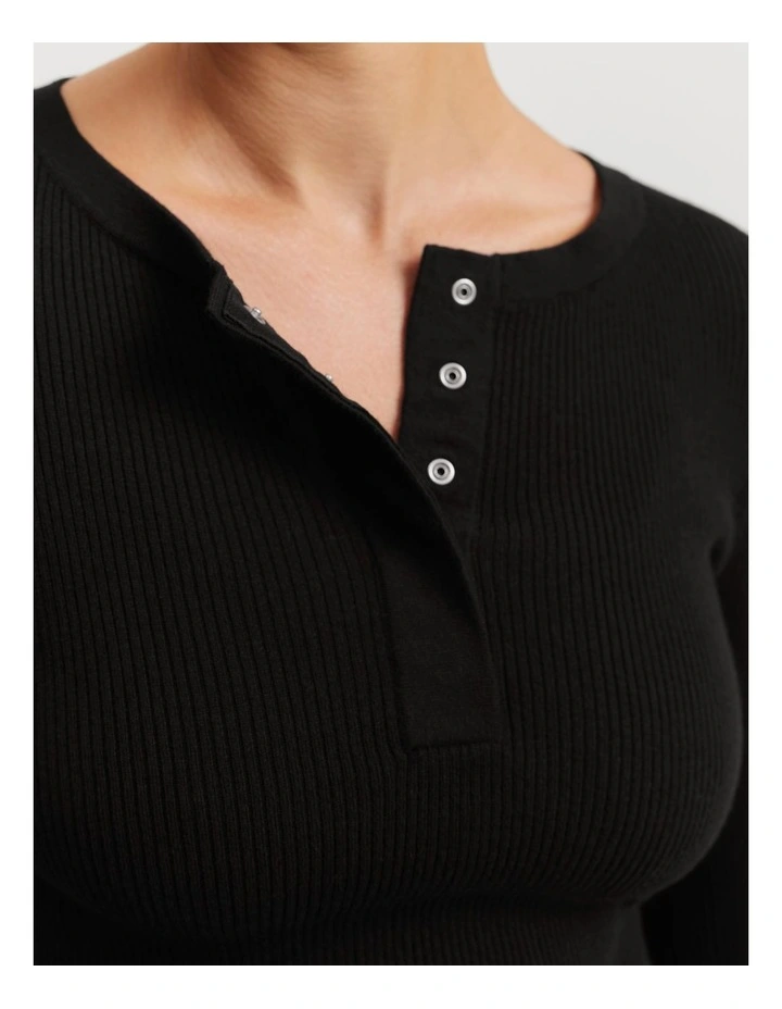 Organically Grown Cotton Cashmere Rib Knit Henley in Black image 2