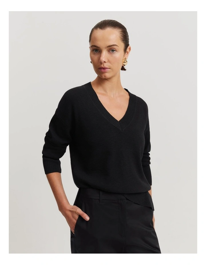 Cotton Linen V-Neck Knit in Black image 1