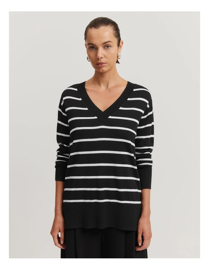 Australian Merino Wool Stripe V-Neck Knit in Black Stripe image 1