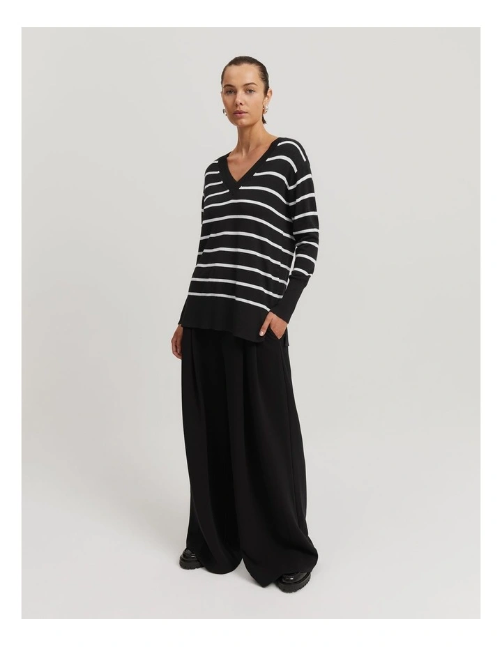 Australian Merino Wool Stripe V-Neck Knit in Black Stripe image 2