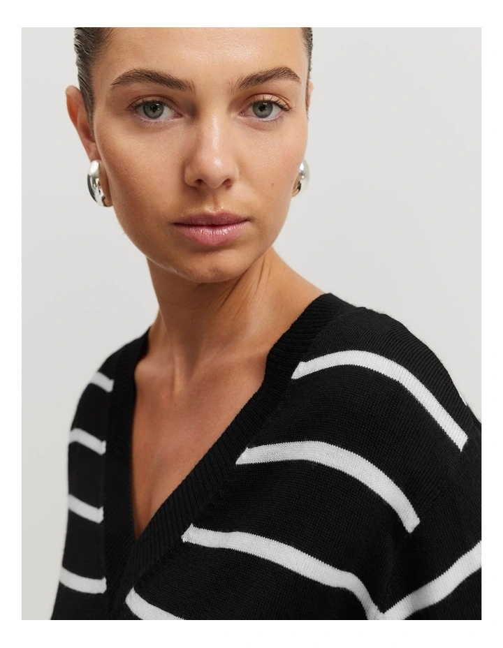 Australian Merino Wool Stripe V-Neck Knit in Black Stripe image 3