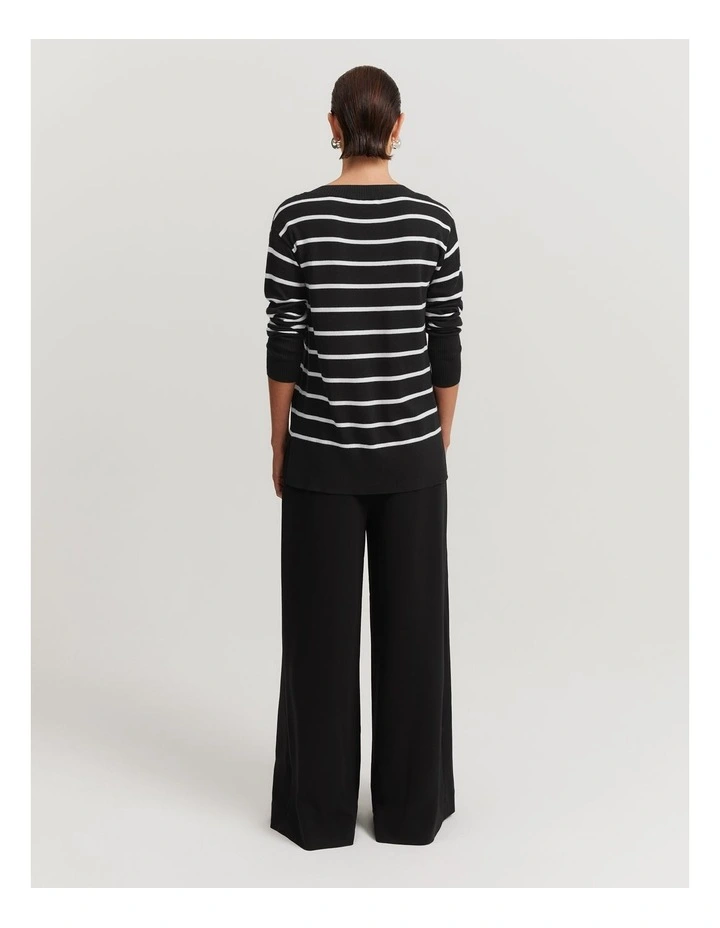 Australian Merino Wool Stripe V-Neck Knit in Black Stripe image 4