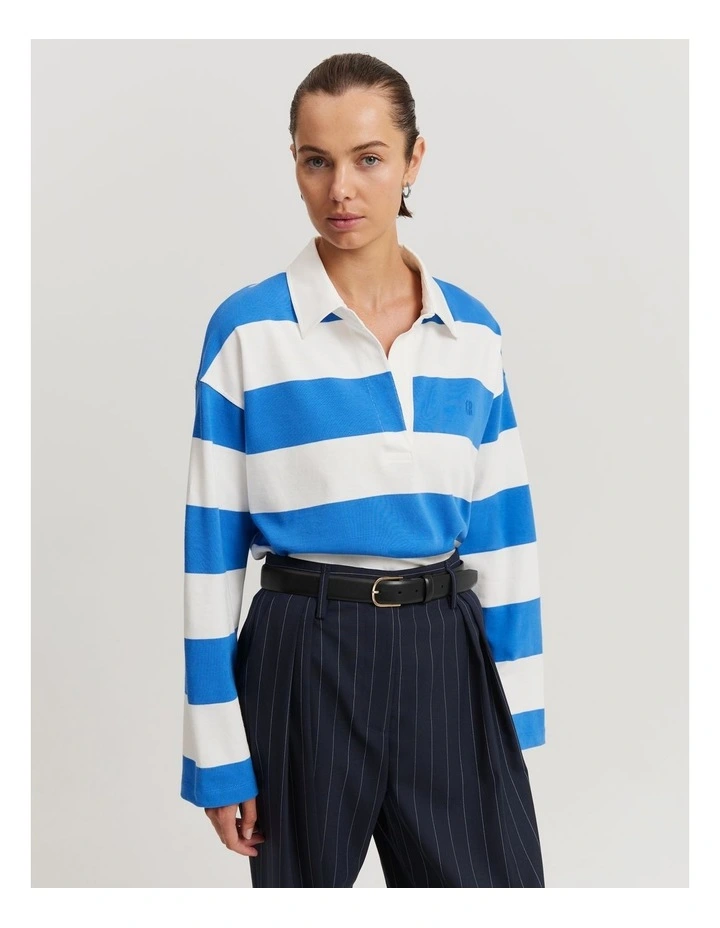 Australian Cotton Stripe Long Sleeve Rugby Top in Ocean Stripe image 2