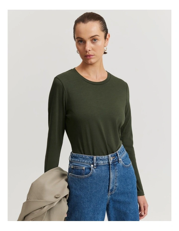 Cotton Long Sleeve Slub T-Shirt in Hunter Green image 1