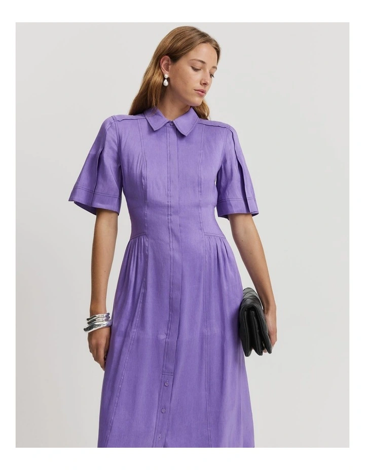 Linen Blend Cinched Shirt Dress in Deep Lilac image 1