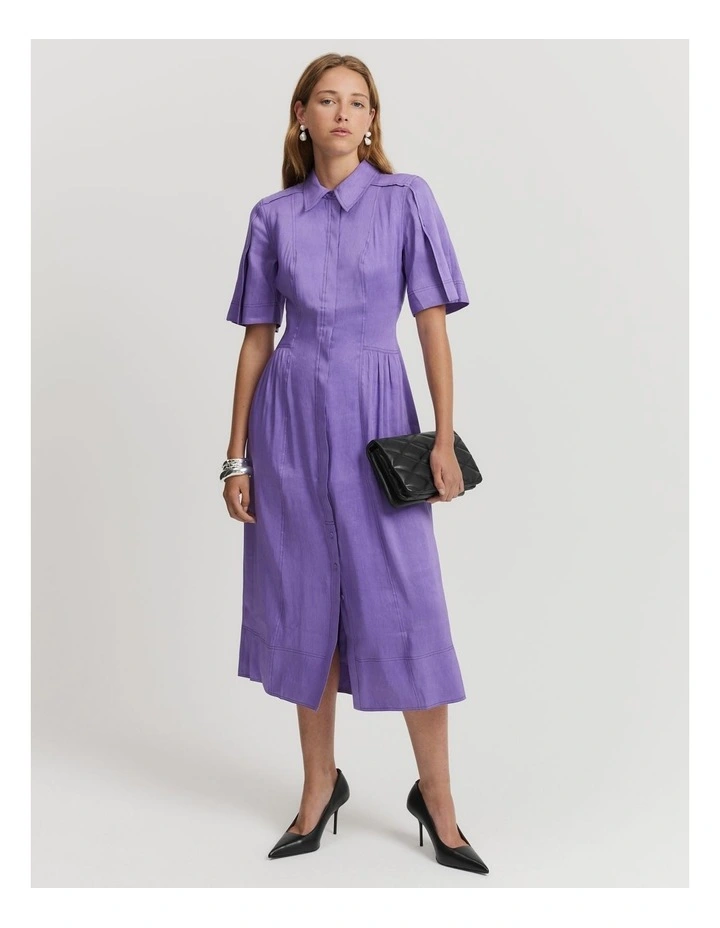Linen Blend Cinched Shirt Dress in Deep Lilac image 2