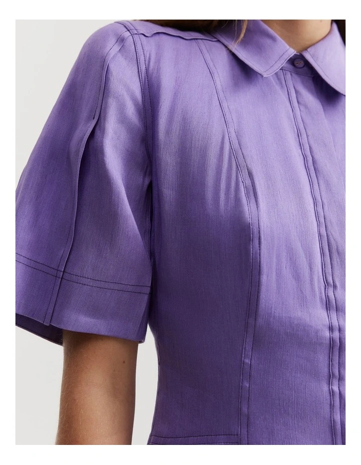 Linen Blend Cinched Shirt Dress in Deep Lilac image 3