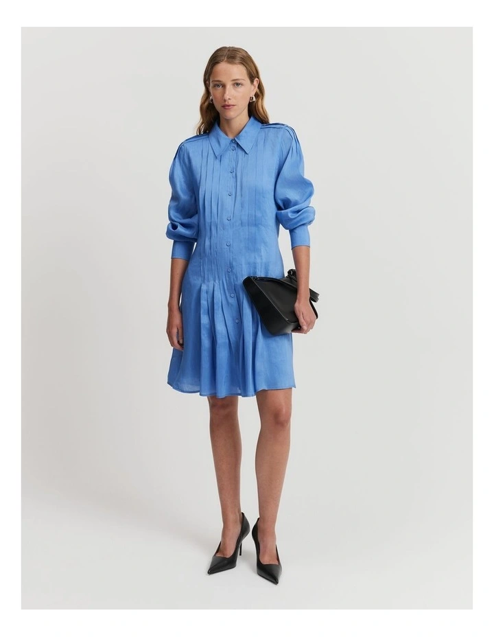 Pleat Mini Shirt Dress in French Blue image 1