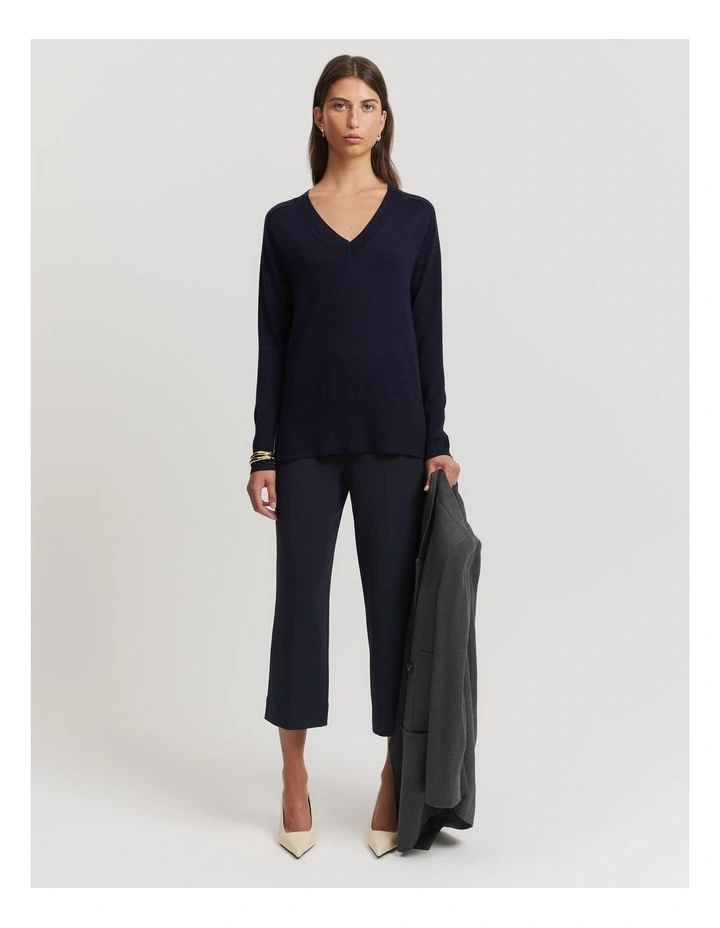 Australian Merino Wool V-Neck Knit in Navy Marle image 3