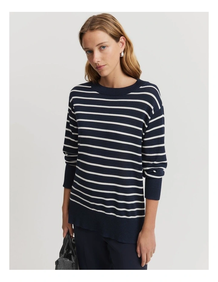 Australian Merino Wool Stripe Crew Knit in Navy Stripe image 1