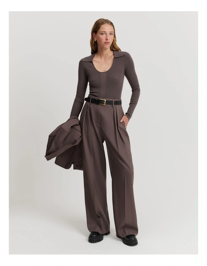 Australian Merino Wool Silk Collared Knit Jumper in Truffle image 1