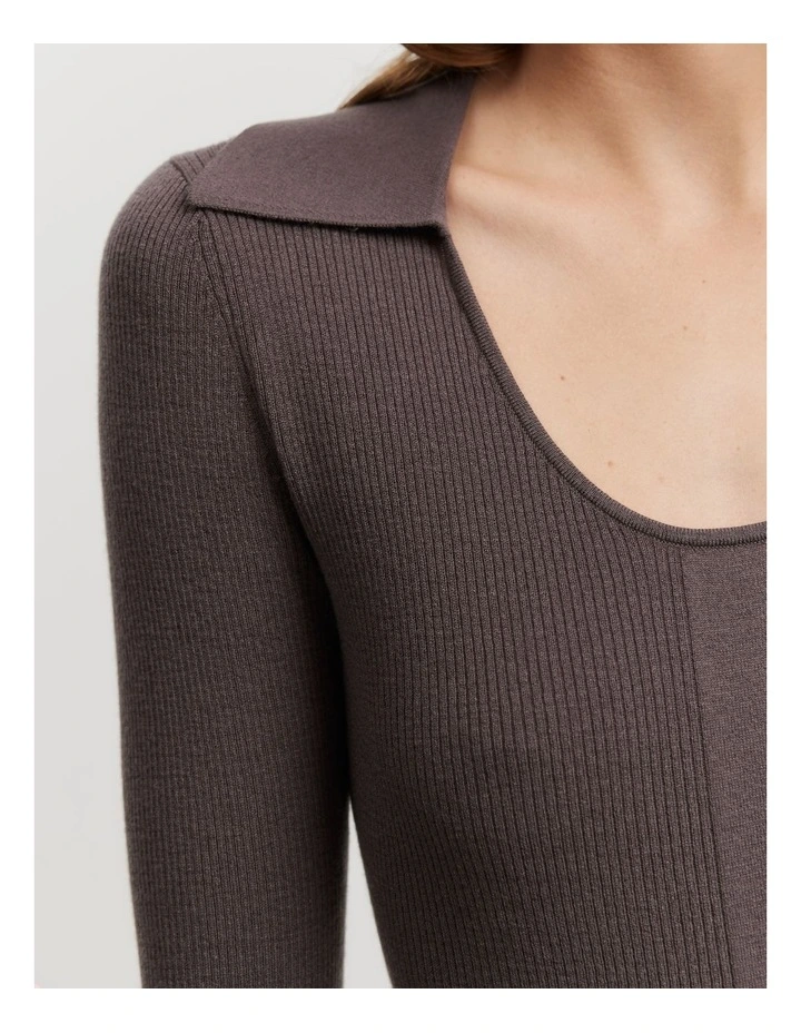 Australian Merino Wool Silk Collared Knit Jumper in Truffle image 3