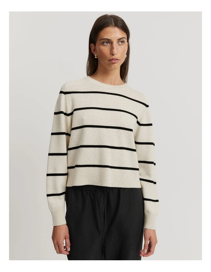Cotton Blend Stripe Crop Crew Neck Knit Jumper in Black Stripe image 1