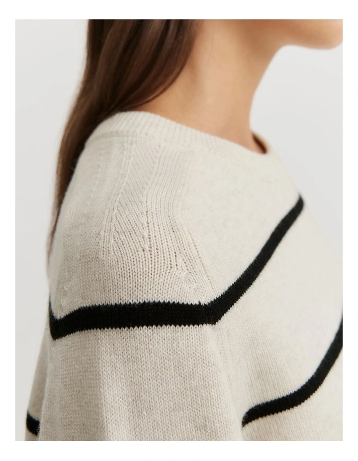 Cotton Blend Stripe Crop Crew Neck Knit Jumper in Black Stripe image 2