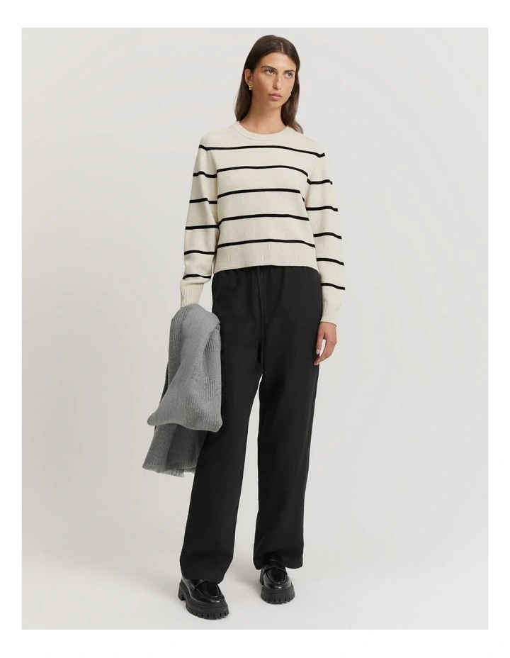 Cotton Blend Stripe Crop Crew Neck Knit Jumper in Black Stripe image 3
