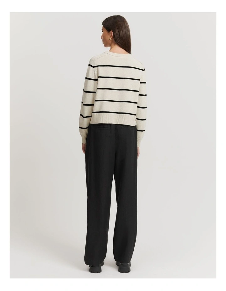 Cotton Blend Stripe Crop Crew Neck Knit Jumper in Black Stripe image 4