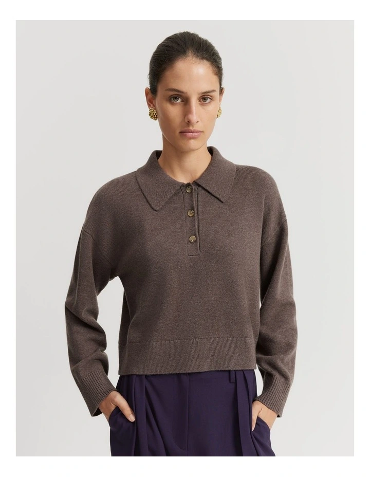 Organically Grown Cotton Blend Crop Crew Neck Knit in Truffle Marle image 1