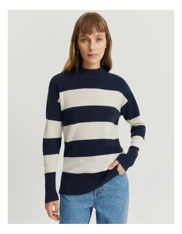 Merino Wool Rib Detail Stripe Pullover in Navy Stripe image 1
