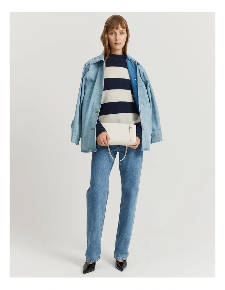 Merino Wool Rib Detail Stripe Pullover in Navy Stripe image 2