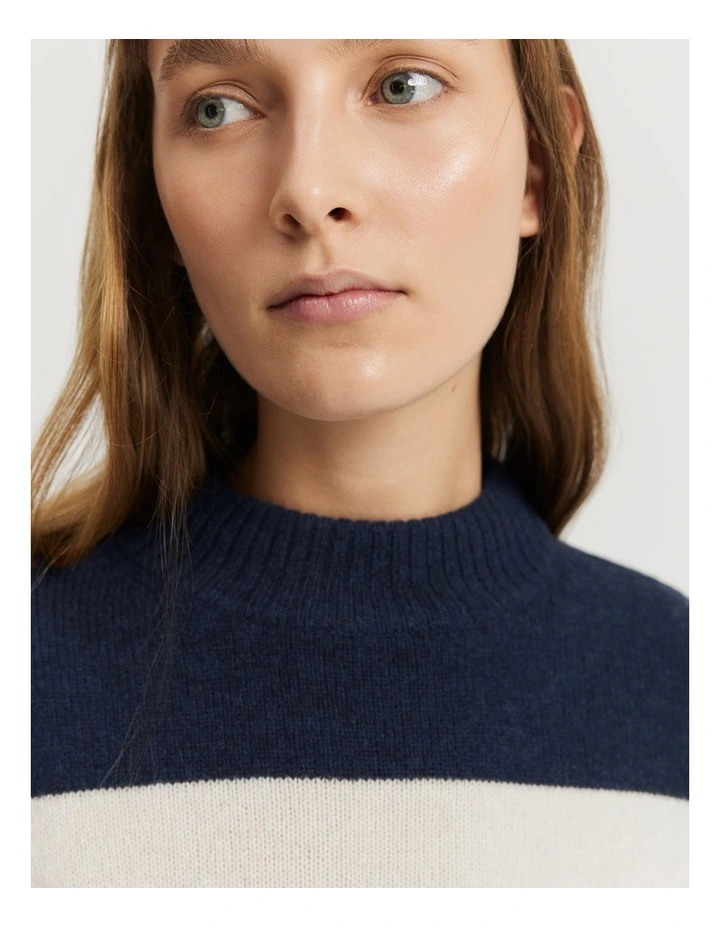 Merino Wool Rib Detail Stripe Pullover in Navy Stripe image 3