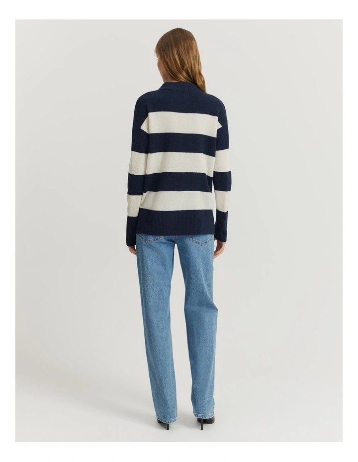Merino Wool Rib Detail Stripe Pullover in Navy Stripe image 4