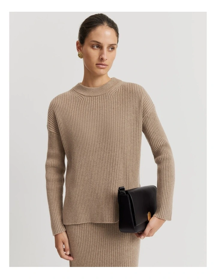 Organically Grown Cotton Cashmere Blend Crew Neck Rib Knit in Fawn image 1