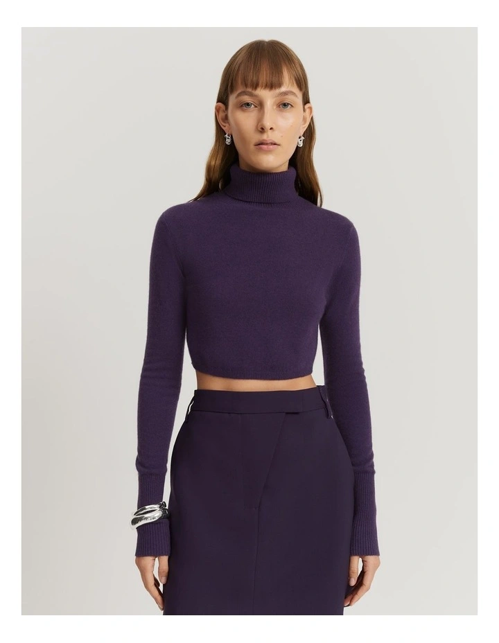 Gcs-certified Cashmere Blend Cropped Roll Neck Knit in Eggplant image 1