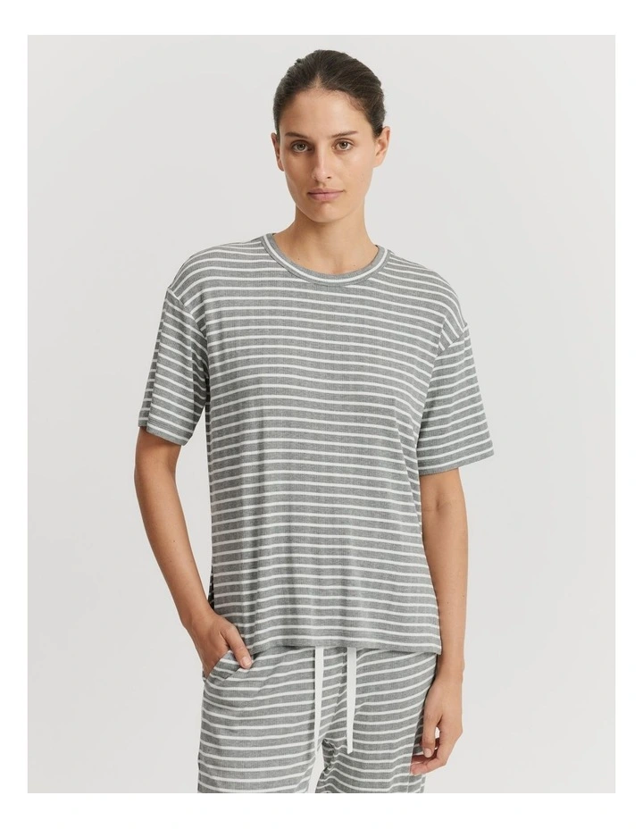 Stripe Short Sleeve Pyjama Top in Grey Marle Stripe image 1