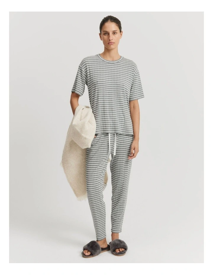 Stripe Short Sleeve Pyjama Top in Grey Marle Stripe image 2