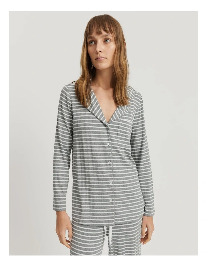 Stripe Long Sleeve Pyjama Shirt in Grey Marle Stripe image 1