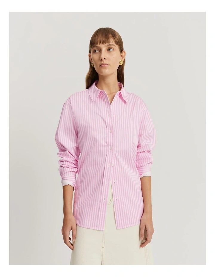 Cotton Stripe Relaxed Oxford Shirt in Pink Stripe image 2