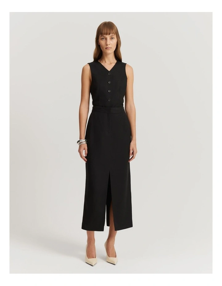 Herringbone Front Split Midi Skirt in Black image 1
