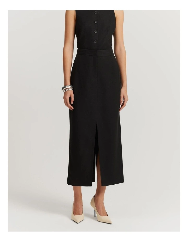 Herringbone Front Split Midi Skirt in Black image 2