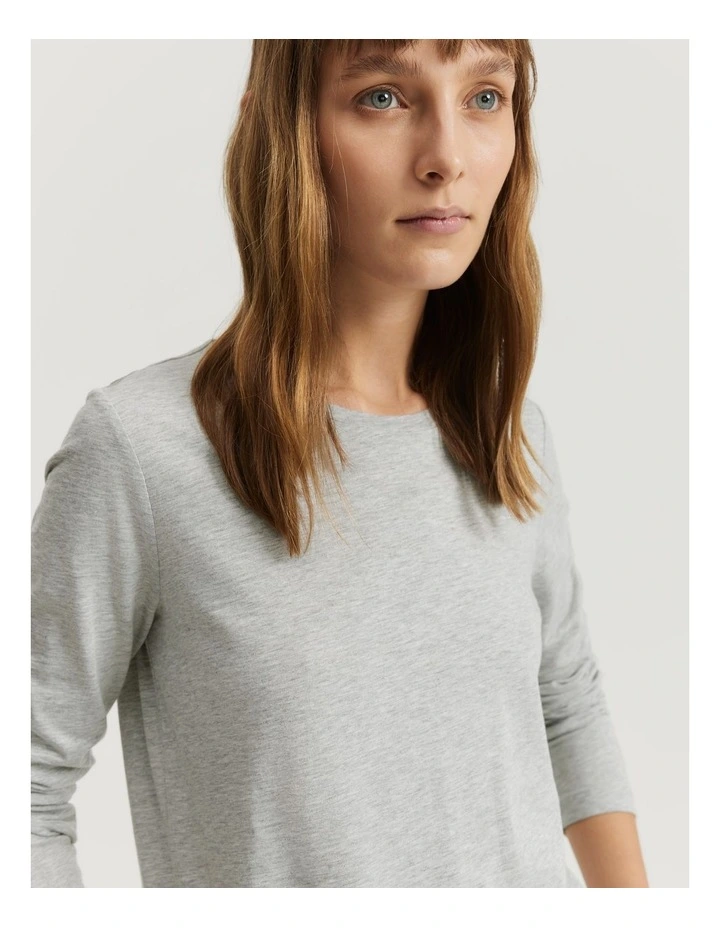 Cotton Long Sleeve Slub T-Shirt in Light Grey Marle image 3