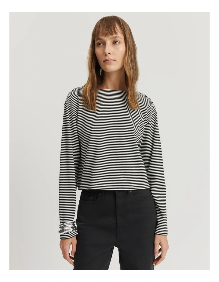 Australian Cotton Boat Neck Stripe T-shirt in Black Stripe image 1