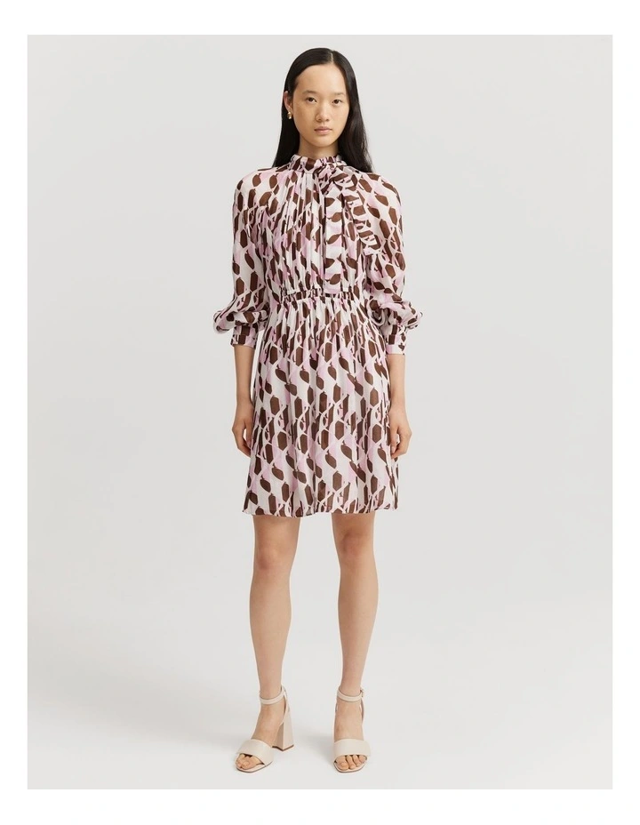 Print Pussybow Mini Dress in Pink Abstract image 1