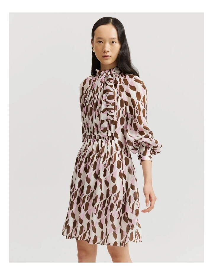 Print Pussybow Mini Dress in Pink Abstract image 3