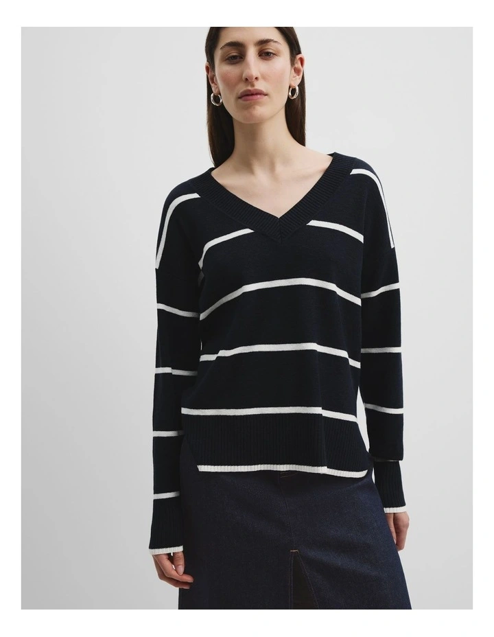 Cotton Linen Blend Stripe Knit in Navy Stripe image 2