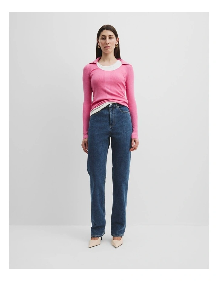 Merino Wool Silk Collared Knit in Pink Punch image 3