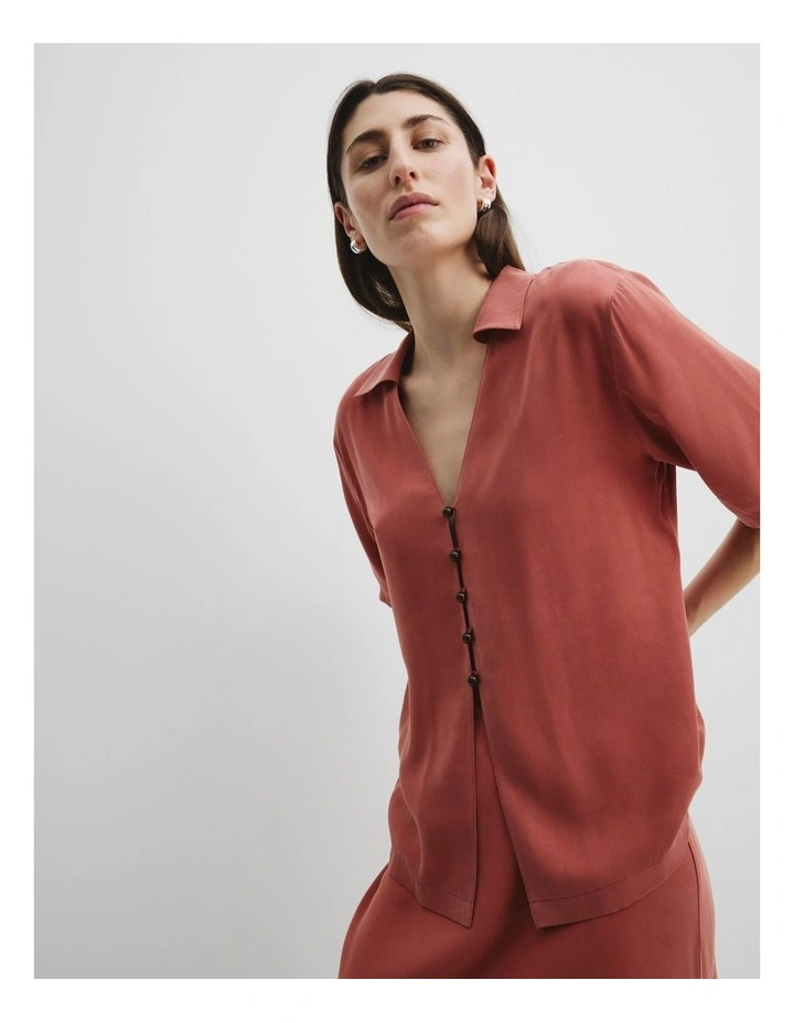 Cupro Button Front Top in Russet image 2